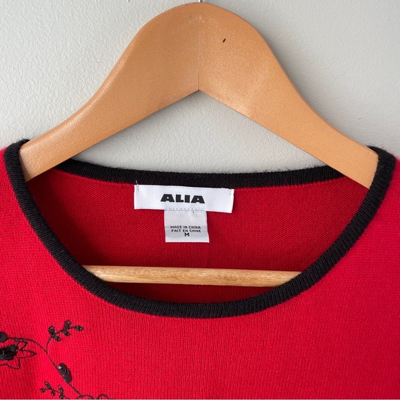 Alia Vintage Red Holiday Embroidered Floral Sweater with black accents - Picture 3 of 7